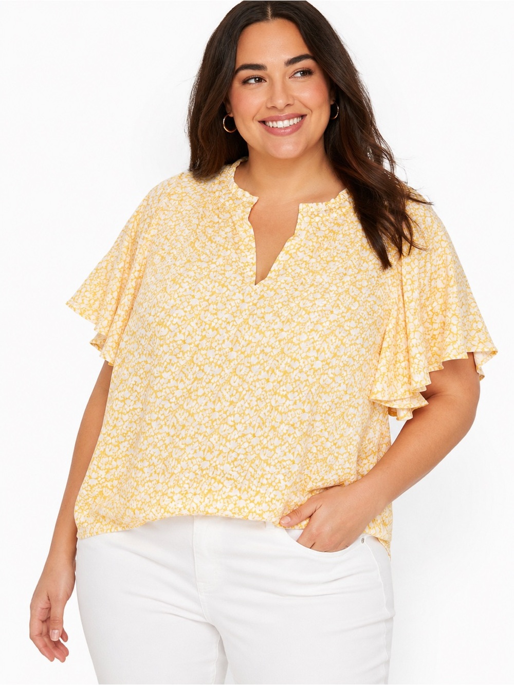 Ava & Viv 2X Yellow Floral Flutter Sleeve Blouse Plus Size NWT